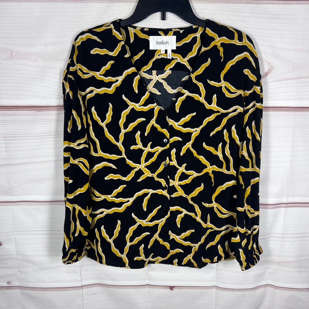 Ba&sh Bash Blouse Women XS Black Abstract Print V-Neck Button Up Long Sleeve Top